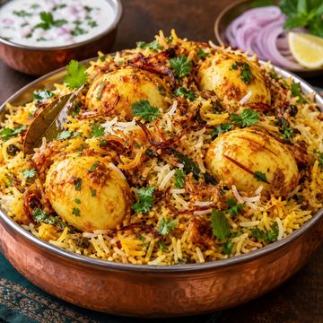 Delicious egg biryani garnished with herbs and fried onions.