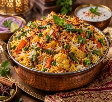 Colorful vegetable biryani garnished with herbs in a traditional bowl.