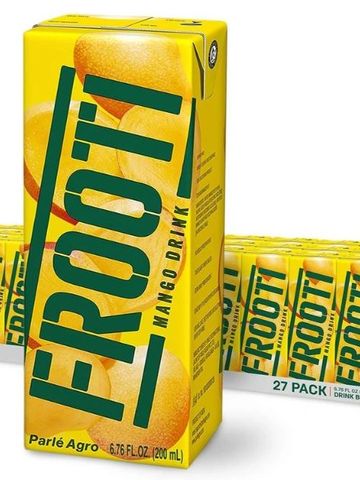 Frooti mango drink in vibrant yellow packaging.