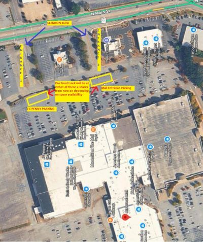 Aerial map showing food truck parking and mall entrance locations.