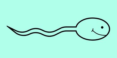 Simple black line drawing of a smiling sperm on a light blue background.