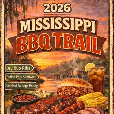 2026 Mississippi BBQ Trail poster with ribs, pulled pork, sausage, and corn.