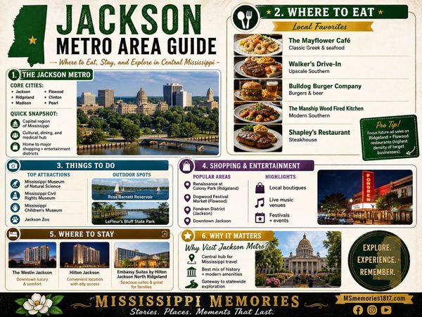 Jackson Metro Area guide with places to eat, stay, and explore in Central Mississippi.