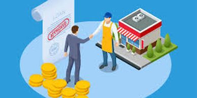 Two men shaking hands near a small store and coins with a contract stamped 'Approved'.