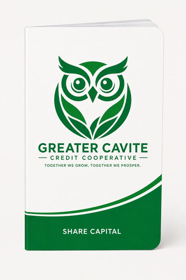 Green and white Greater Cavite Credit Cooperative booklet with an owl logo.