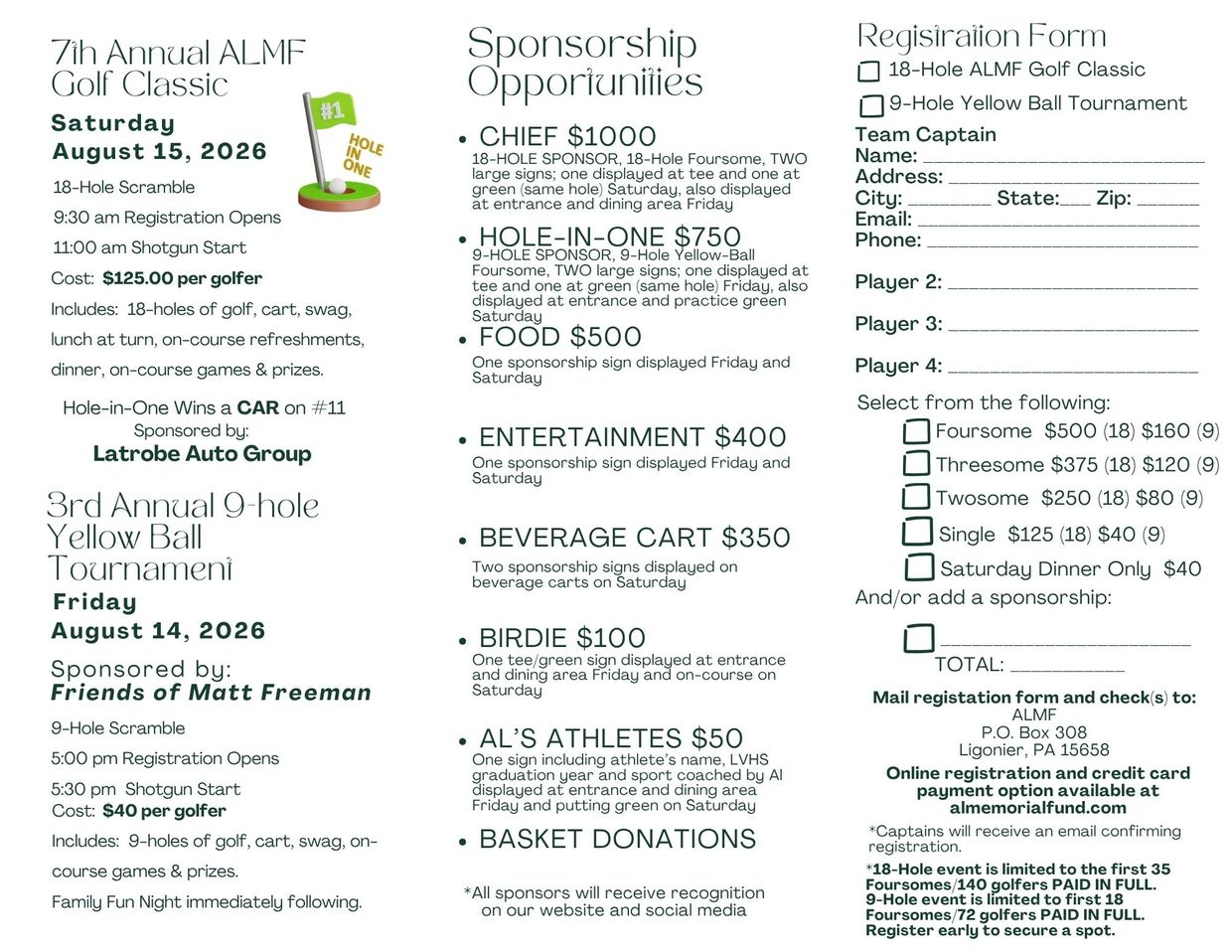 Flyer for 7th Annual ALMF Golf Classic and 3rd Annual Yellow Ball Tournament with event details and registration form.