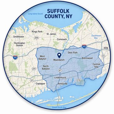 Map of Suffolk County, NY, highlighting key towns and highways.
