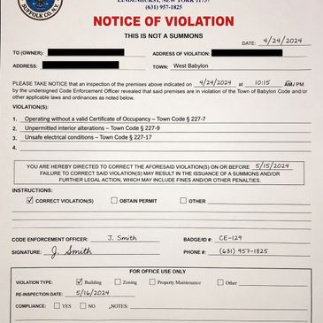 Notice of violation for property code infractions in West Babylon dated April 24, 2024.
