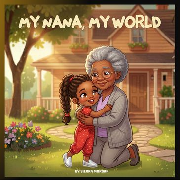 A young girl hugs her grandmother lovingly in front of a cozy home.