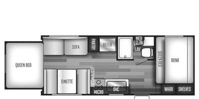 Floor plan of a compact RV with sleeping, dining, and kitchen areas.