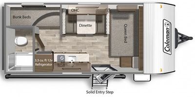 Floor plan of a Coleman travel trailer with bunk beds, dinette, and queen bed.