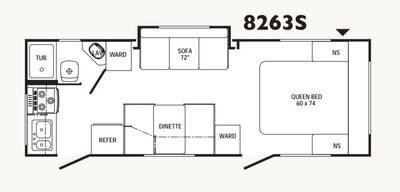 Floor plan of a compact RV featuring a queen bed, sofa, dinette, and kitchen area.