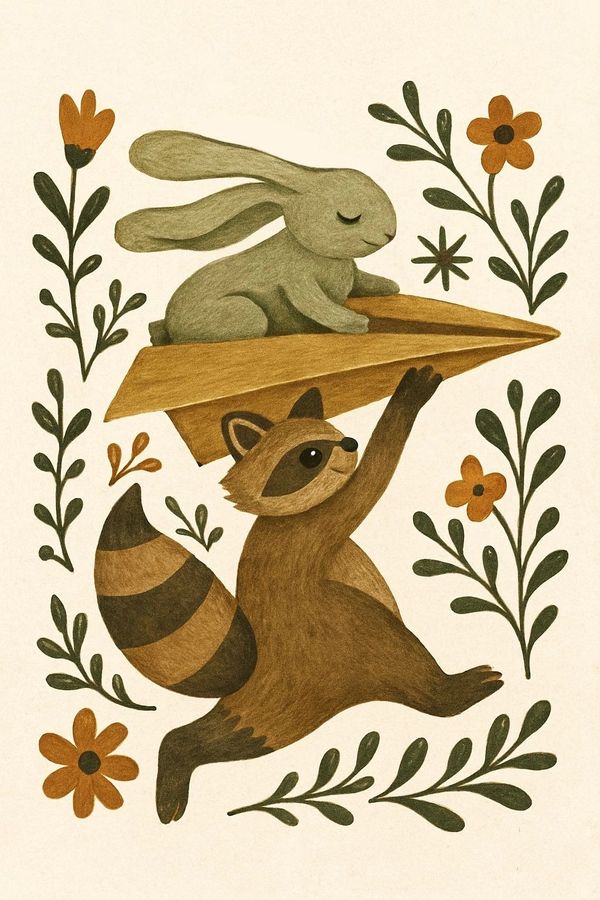 Illustration of a raccoon holding a large paper airplane decorated with plants and flowers.