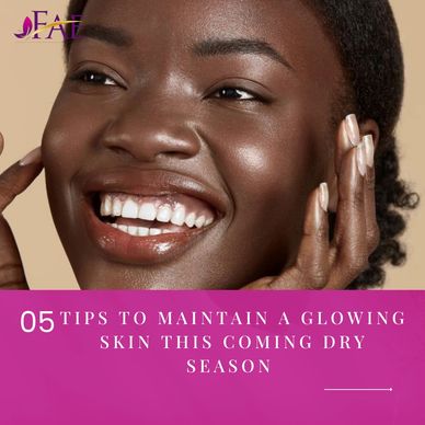 Smiling woman with glowing skin promoting dry season skincare tips.