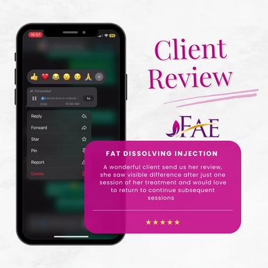 Client review praising visible results after one Fat Dissolving Injection session.
