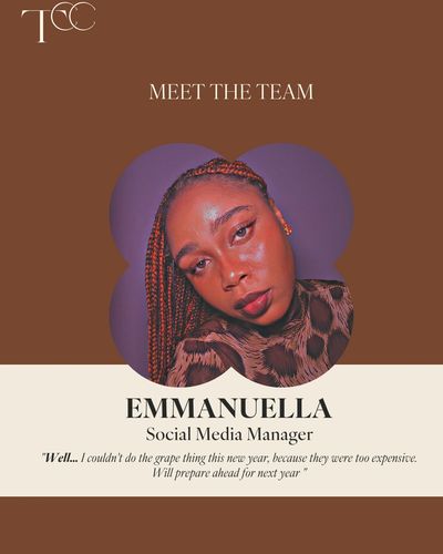 Emmanuella, Social Media Manager, featured in a stylish team introduction graphic.