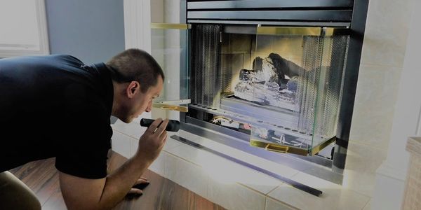 Mike Zak, Licensed Kelowna home inspector,  inspecting a fireplace.