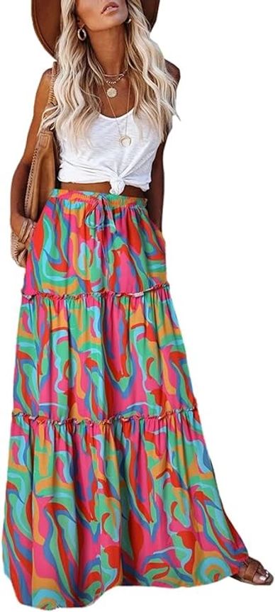 Colorful long skirt paired with white tied tank top.