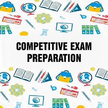 Illustration promoting competitive exam preparation with study tools and resources.