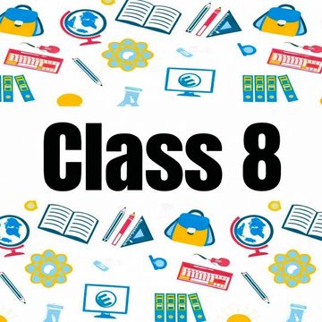 Class 8 text surrounded by colorful school-related icons.