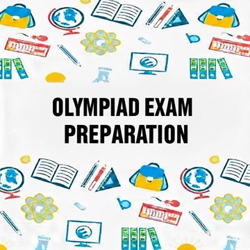 Illustration promoting Olympiad exam preparation with educational icons.