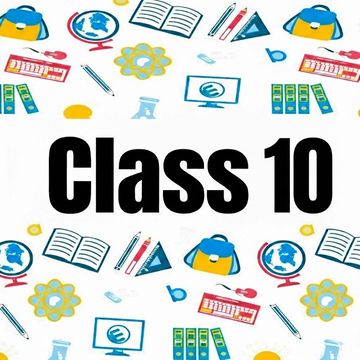 Class 10 text with educational icons like books, globes, and stationery.