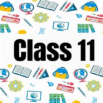 Colorful educational icons surrounding the bold text 'Class 11'.