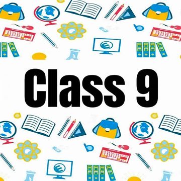 Colorful educational icons surrounding 'Class 9' text.