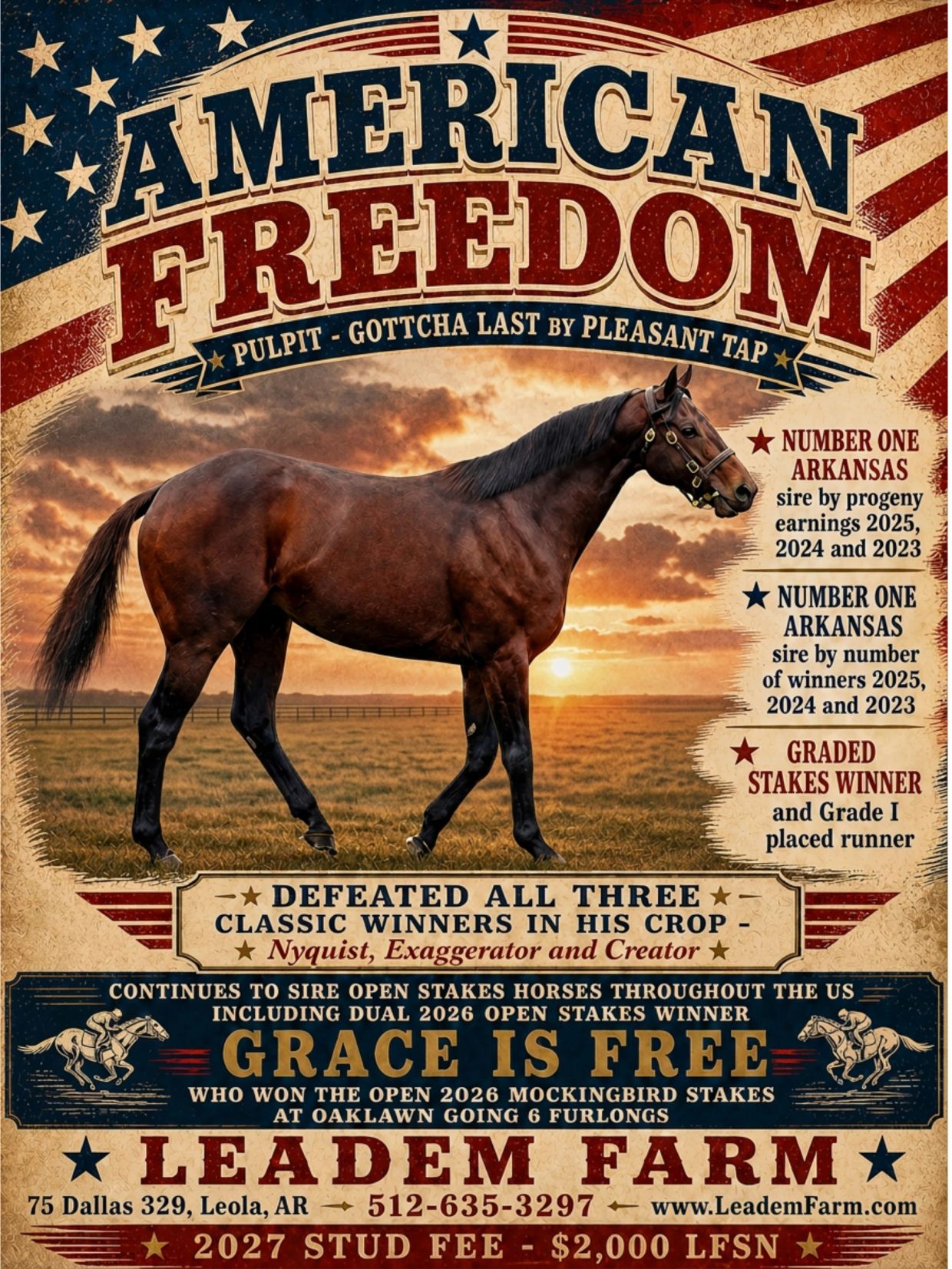 Vintage-style poster showcasing a brown racehorse and its achievements.