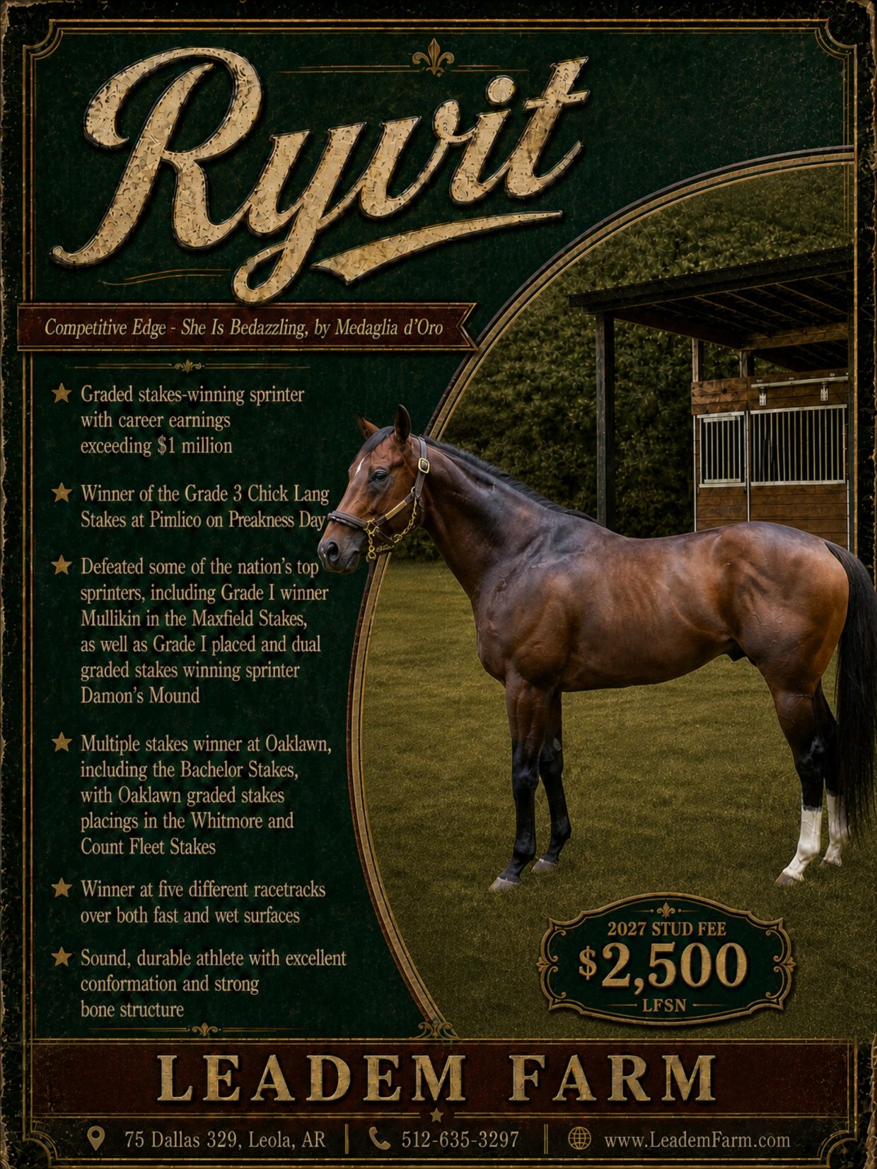 Profile of a racehorse named Ryvit with racing achievements and stud fee details.