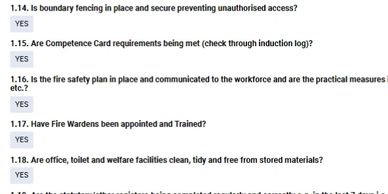 Checklist verifying safety and facility standards with all items marked YES.