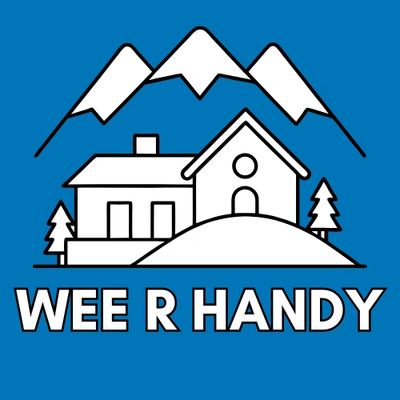 Logo of Wee R Handy with houses, trees, and mountains on blue background.
