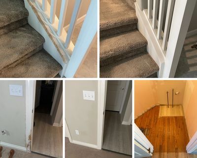 Repaired stair rail and door frame to look new again after dog chewed it all up. 