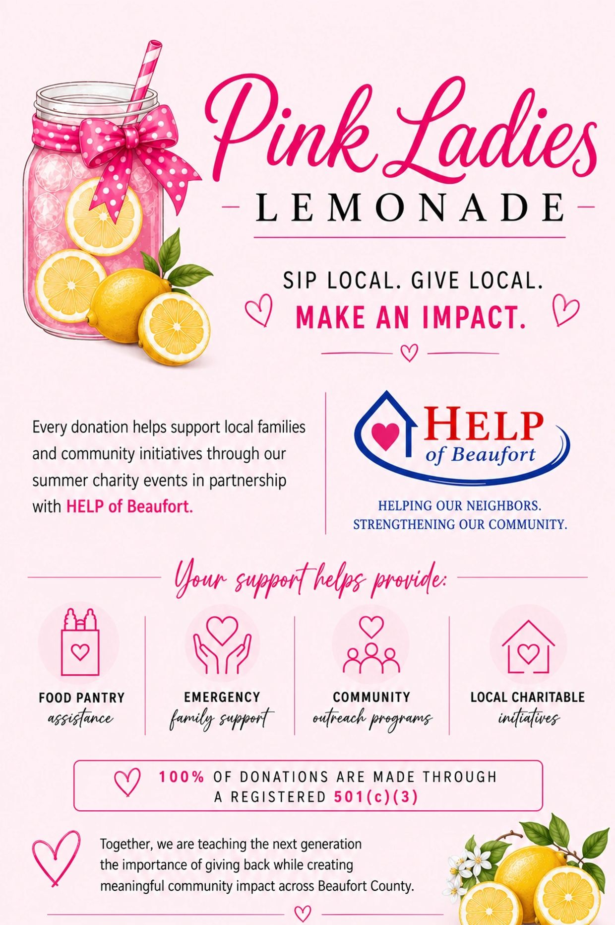 Pink Ladies Lemonade supports local families through donations to HELP of Beaufort charity.