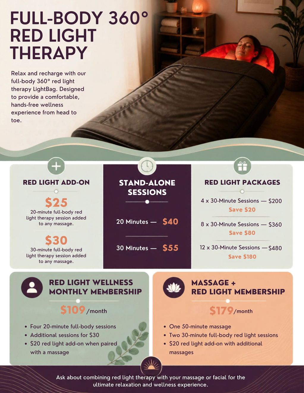 Full-body 360° red light therapy with pricing options.