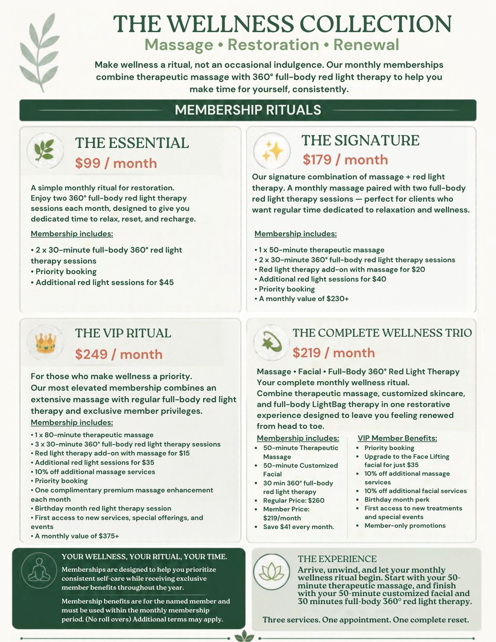 Monthly wellness memberships combining massage and 360° red light therapy.