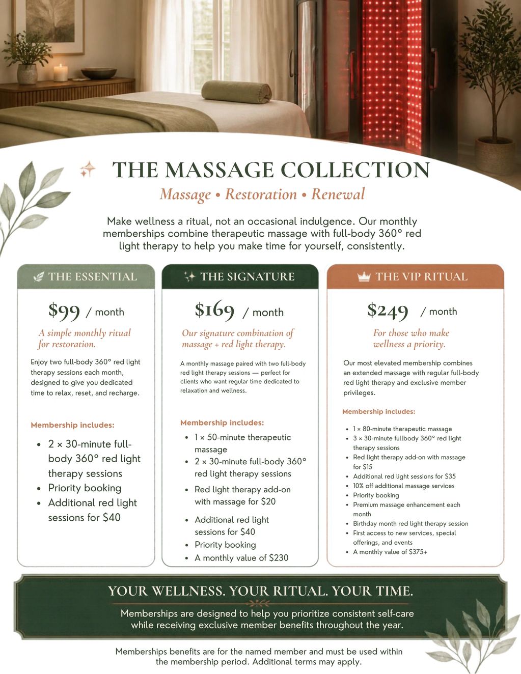 Pricing and benefits of three massage membership packages.