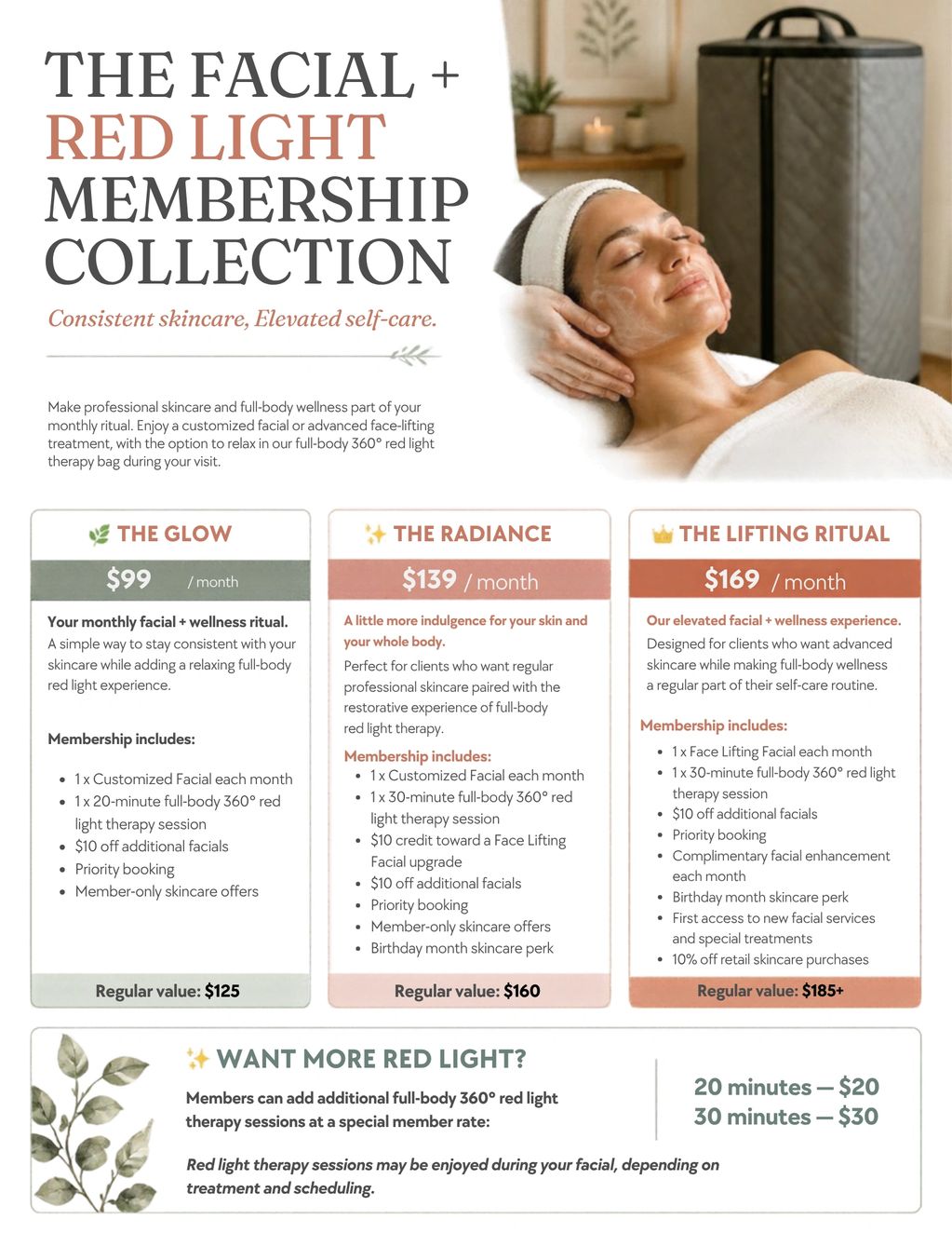 Facial and red light therapy membership options with pricing and benefits.