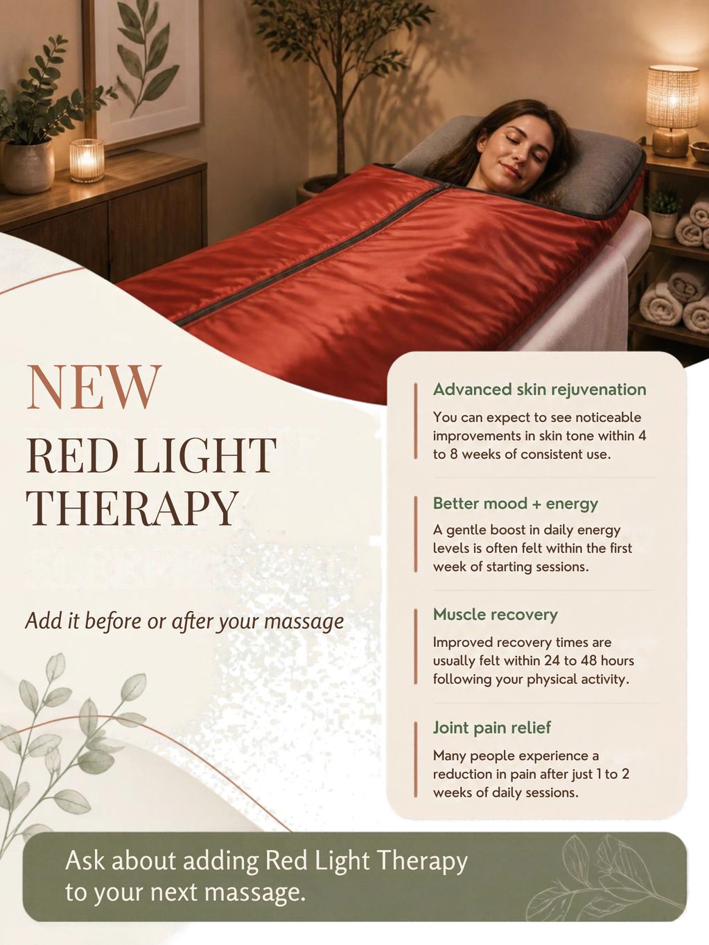 Woman enjoying red light therapy for skin and pain relief.