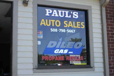 Window vinyl graphics, Paul's Auto Sales, Worcester, MA
