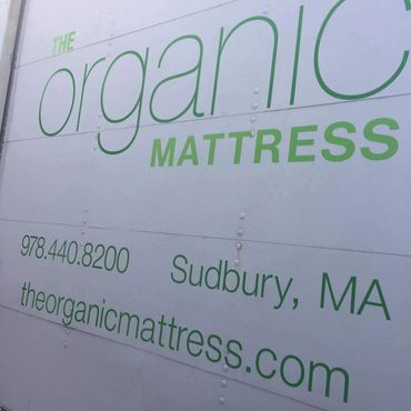 Van lettered with vinyl graphics. Organic Mattress, Sudbury, MA