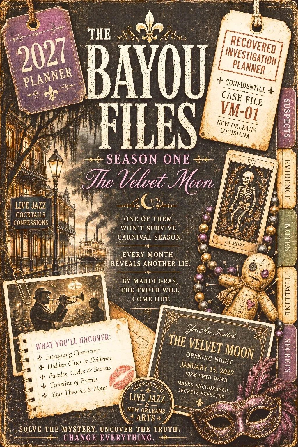 Vintage-themed poster for The Bayou Files Season One: The Velvet Moon, set in New Orleans.