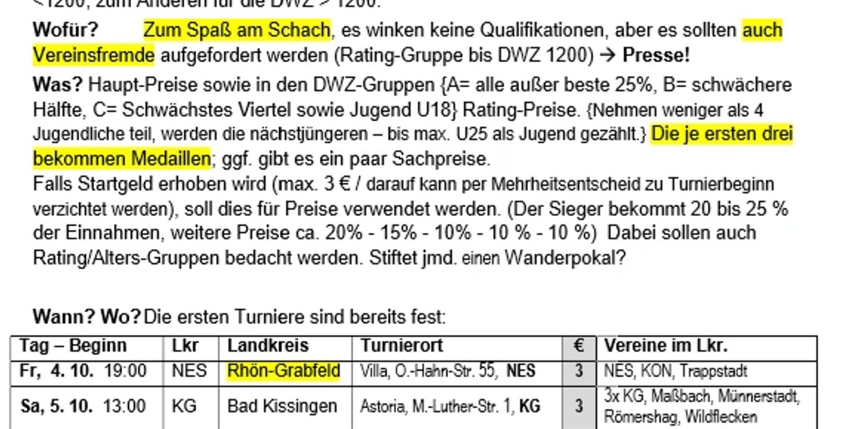 Schachturnierankündigung mit Preisen und Terminen im Rhön-Grabfeld.