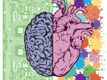 Half brain with circuit board, half heart with colorful splashes.