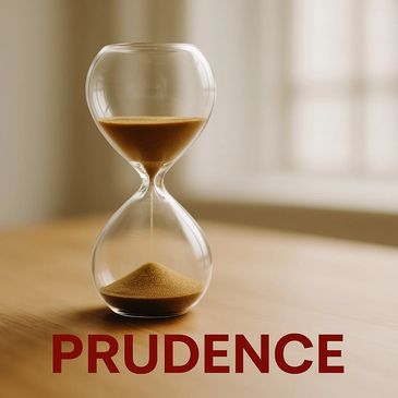 Hourglass with flowing sand and the word 'PRUDENCE' beneath it.
