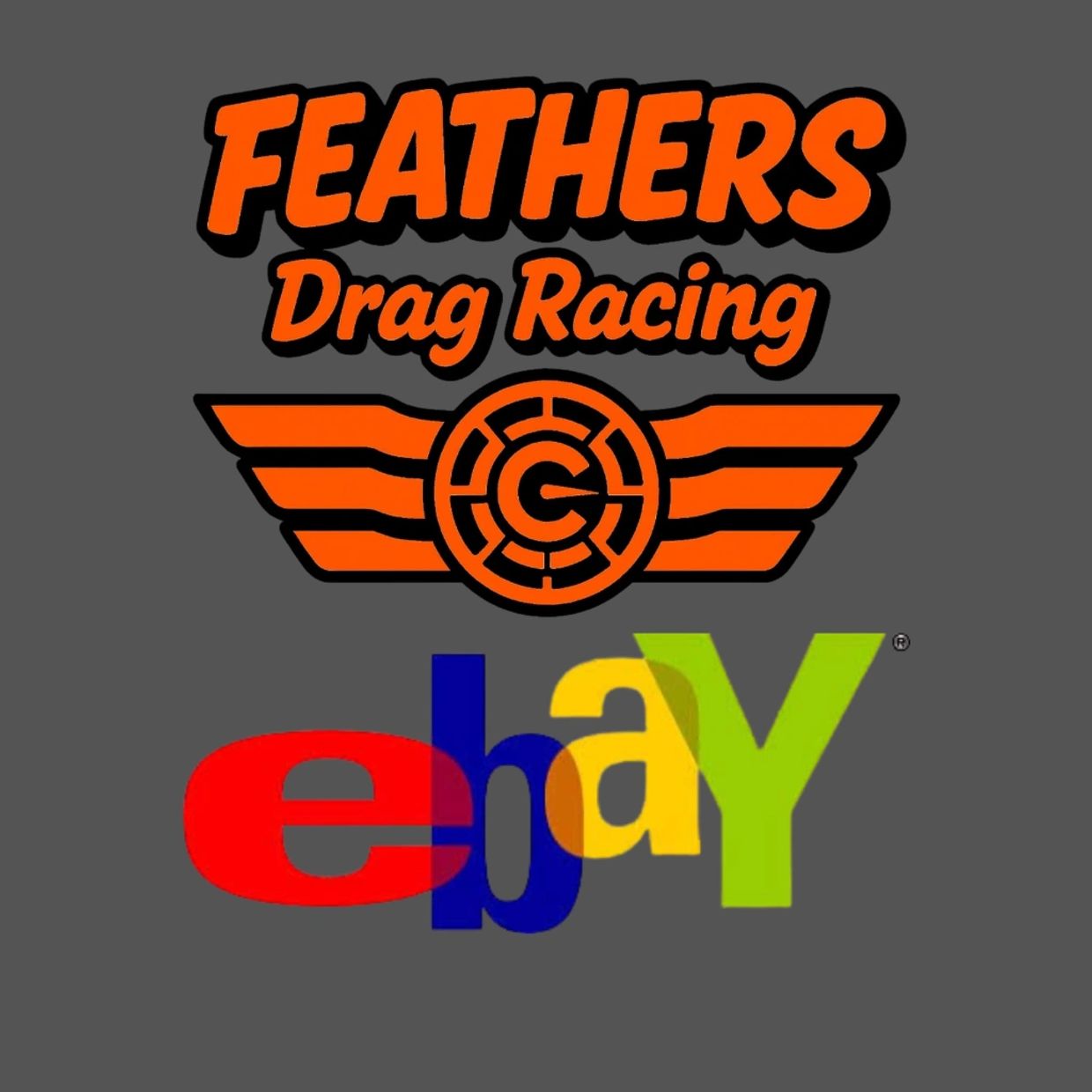 Orange Feathers Drag Racing logo above colorful eBay text on gray background.
