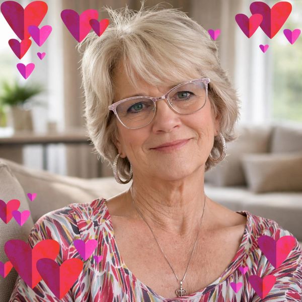 Smiling older woman with glasses surrounded by colorful heart shapes.