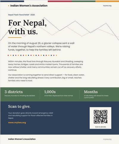 Fundraising poster for Nepal flood relief by Indian Women's Association.