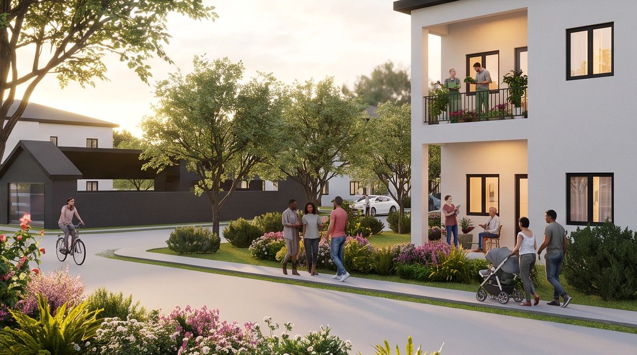 People enjoying a peaceful neighborhood with greenery and modern homes.