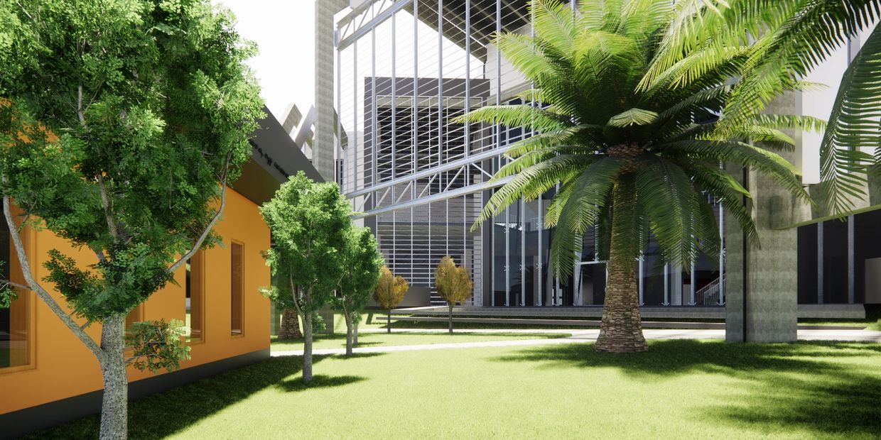 Modern outdoor space with lush trees and a sleek building.